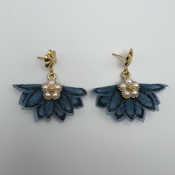 Elegant Blue Flirty Tassel Fabric Dangle Earrings - Romantic Floral Earrings - Picture 3 of 11